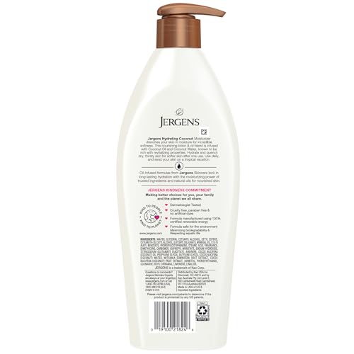Jergens Hydrating Coconut Body Lotion, Hand and Body Moisturizer, Infused with Coconut Oil, Hydrates Dry Skin Instantly, Dermatologist Tested, 16.8 oz