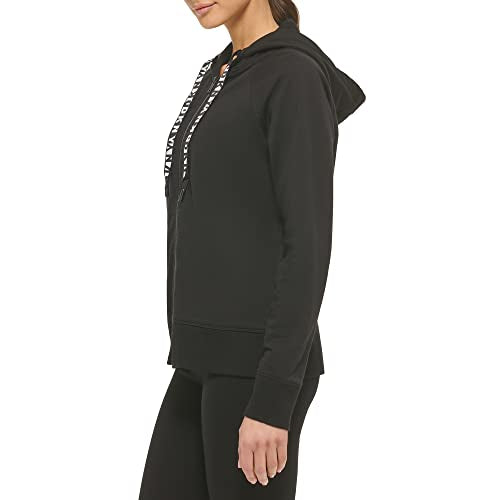 DKNY Women's Logo Drawstring Zip Up Hoodie, Activewear Sweatshirt, Black