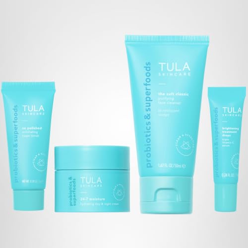 Tula Skin Care On the Go Best Sellers Travel Kit, Facial Cleanser, Day & Night Moisturizer, Sugar Scrub & Vitamin C Serum for Glowing, Radiant Skin, 1.0 Count