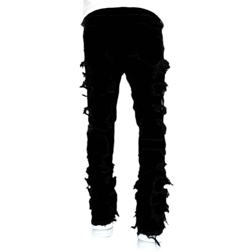 Conshvi Men's Slim Fit Stretch Jeans Distressed Patchwork Stacked Frayed Straight Leg Skinny Denim Pants,Black,Medium