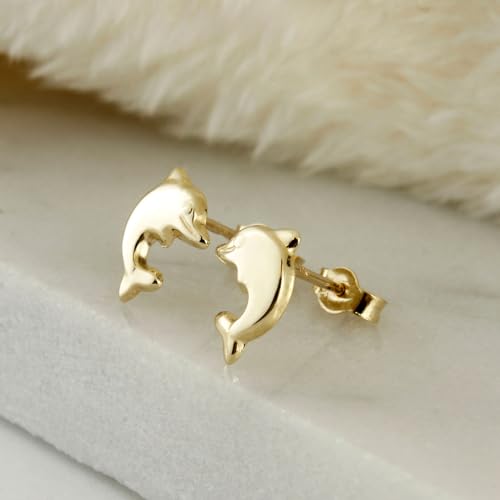 10k Solid Gold Ear Studs, Real Gold Stud Earrings, Dainty Gold Earrings, Minimalist Gold Ear Studs - Serena Sparkles (Dolphin)