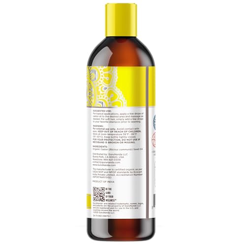GuruNanda Castor Oil Organic USDA Certified (8 Fl oz) - 100% Pure & Natural, Cold Pressed & Hexane-Free, Hydrating Carrier Oil for Skin, Hair, Eyebrows & Eyelashes Growth