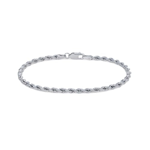 Nuragold 14k Real White Gold 3mm Rope Chain Diamond Cut Bracelet (7"-9") - 8.5"