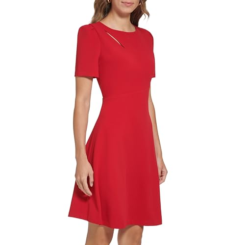 DKNY Women's Short Length Scuba Crepe Jewel Neck Dress, Scarlet