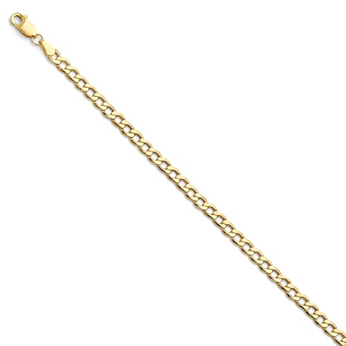 14k REAL Yellow Gold 4.5mm Bevelled Hollow Cuban Curb Chain Bracelet with Lobster Claw Clasp - 7.5"