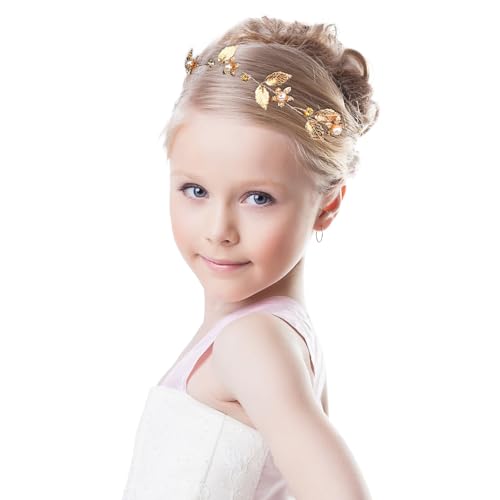 KALIONE Gold Leaf Headband Wedding Bridal Boho Hair Piece Flower Girl Headpiece Pearl Accessories for Kids Gold Hair Vine for Prom Party
