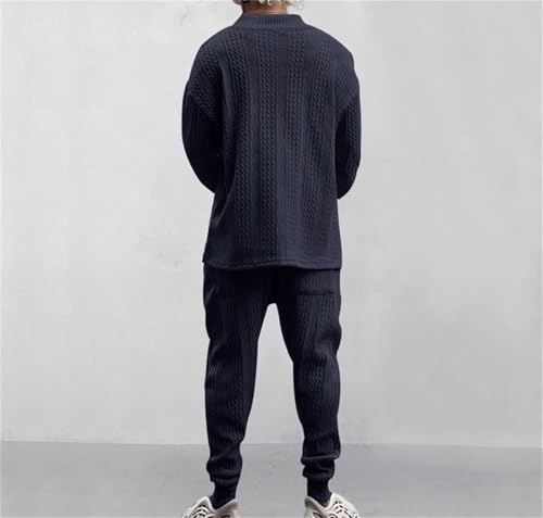 Cable Jacquard Set, Athleisure Men's V-Neck Long Sleeve Tops and Drawstring Jogging Suits 2 Piece Set, Men's Tracksuits (Khaki,Medium)