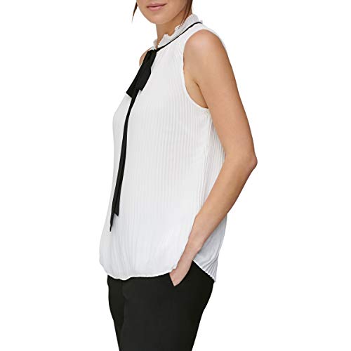 DKNY Women's Sleeveless Neck Tie Blouse, White/Black, M