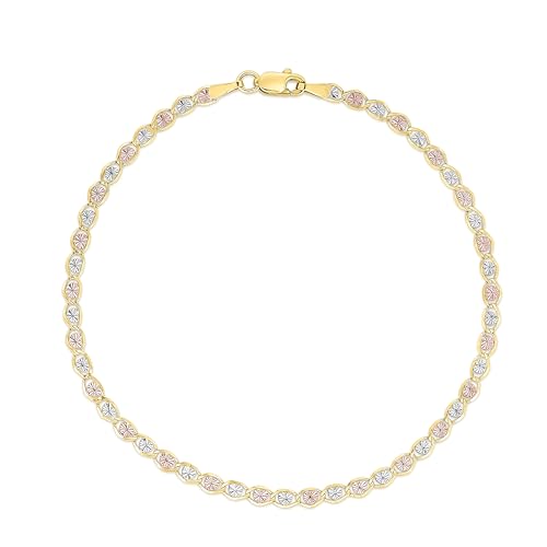 Floreo 10k Tri-Color Gold 3mm Valentino Heart Link Chain Bracelet, 8 Inch