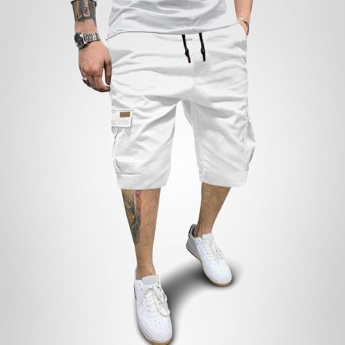JMIERR Mens Casual Twill Cargo Shorts Cotton Drawstring Classic Cargo Chino Stretch Short with 6 Pockets for Men, US42(3XL), A White