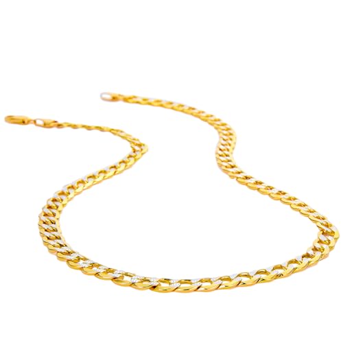 14k REAL Two Tone Gold 4.5mm Bevelled Hollow Cuban Curb White Pave Chain Bracelet with Lobster Claw Clasp - 7.5"