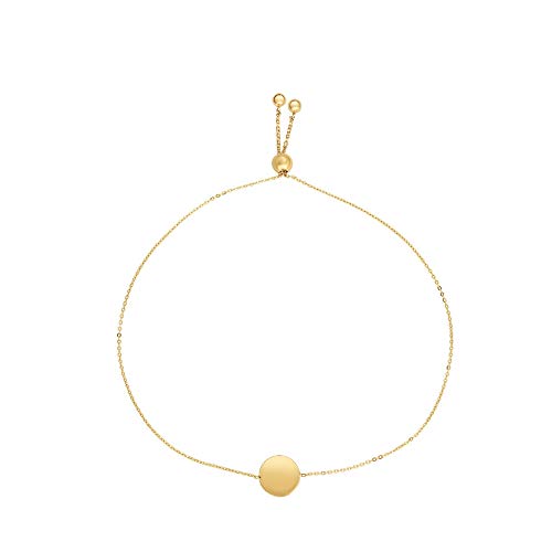 Floreo 14k Yellow Gold Personalized Custom Engraved Initial Round Circle Tag Adjustable Cable Link Friendship Bolo Bracelet, Extendable 9.25 Inch