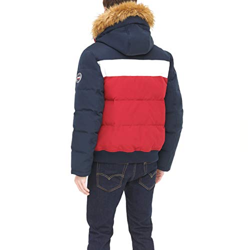 Tommy Hilfiger Men's Arctic Cloth Quilted Snorkel Bomber Jacket, Navy/White/Red, Medium