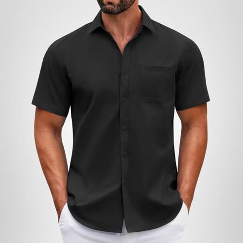 COOFANDY Men's Button Up Shirts Short Sleeve Button Down Shirt Men Casual Dress Shirts for Men Black