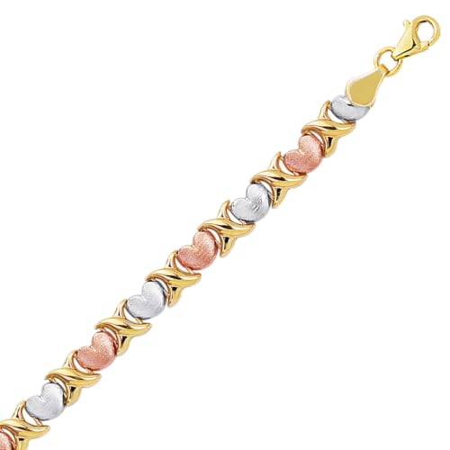 Floreo 14k Tri-Color Gold 5.7mm XOXO Heart Stampato Link Bracelet, 7.25 Inch