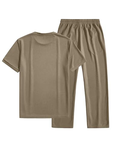 JMIERR 2 Piece Set for Men 2026 Crewneck Drawstring Tracksuit Summer Vacation Athletic Texture Sportwear Suits,S,Khaki