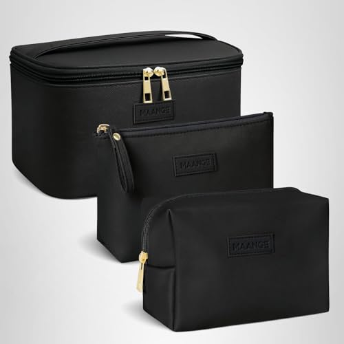 MAANGE Makeup Bag - Large Cosmetic Bag with 2pcs Small Makeup Bags Portable Leather Travel Makeup Bag Set Toiletry Bag Make Up Bags for Women and Girls (Black)