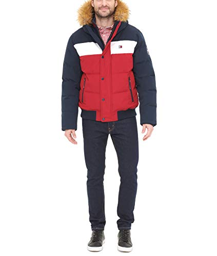 Tommy Hilfiger Men's Arctic Cloth Quilted Snorkel Bomber Jacket, Navy/White/Red, Medium