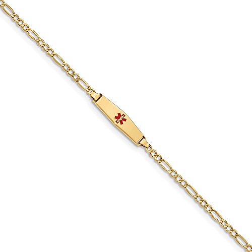 FB Jewels Solid 14K Yellow Gold Medical Soft Diamond Shape Red Enamel ID W Semi- Figaro Bracelet