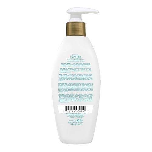 OGX Quenching + Coconut Curls Frizz-Defying Styling Milk, Nourishing Leave-In Hair Treatment with Coconut, Citrus Oil & Honey, Paraben-Free and Sulfated-Surfactants Free, 6 fl oz