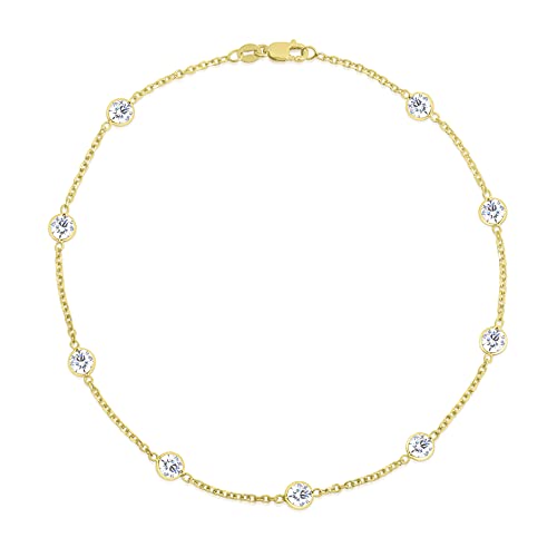 Floreo Women’s 14k Yellow Gold Cubic Zirconia Cable Link Ankle Bracelet, 10 inch Anklet