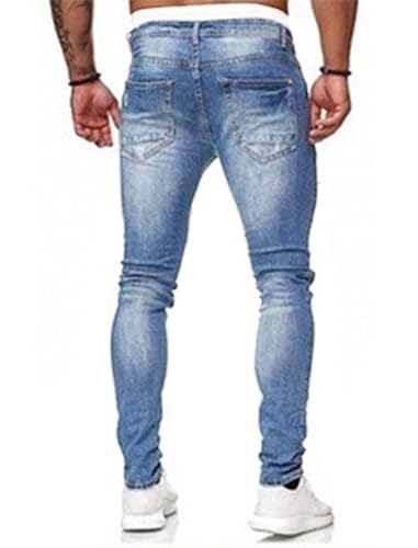 HUNGSON Men's Blue Slim Fit Jeans Stretch Destroyed Ripped Skinny Jeans Side Striped Denim Pants(LLBlue,32)