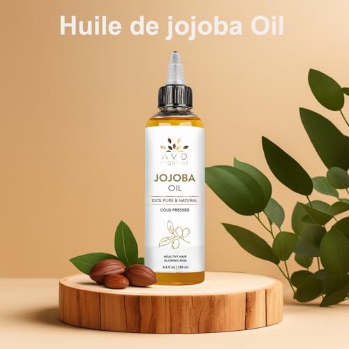 AVD ORGANICS Jojoba Oil for Hair (120ml Large) – Natural Cold-Pressed Unrefined Hexane Free huile de jojoba for Hair, Face, Scalp, Nails & Cuticles | Carrier Oil - 4.05 fl oz