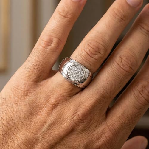 Pompeii 1 Ct Diamond Ring Men's Cluster Hexagon Band in 10k White or Yellow Gold - Size 12