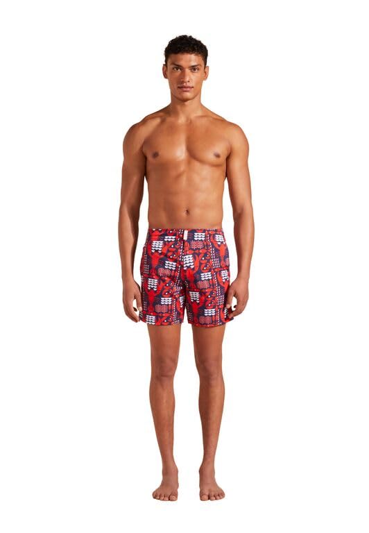 Vilebrequin Men Stretch Flat Belt Swim Trunks Graphic Lobsters, L, Navy Blue