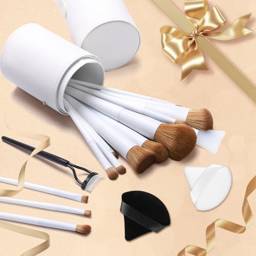 LUXBRU Makeup Brushes With Case 20PCs Professional Makeup Brush Set, Foundation Powder Eyeshadow Brush Set Eyebrow Concealer Contour Travel Brushes Kit with Holder & 2 Powder Puff-White