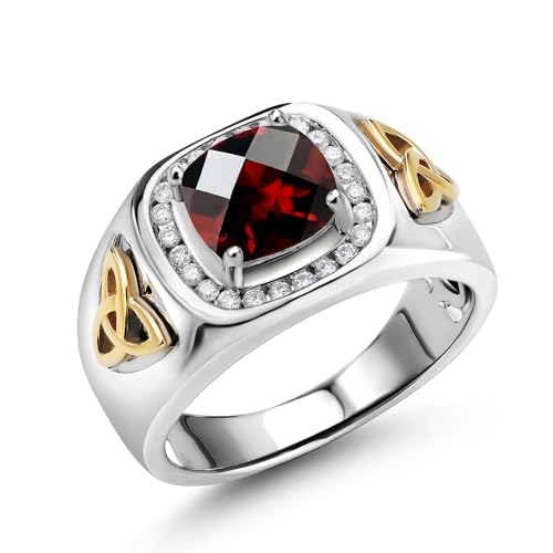 Gem Stone King Men's 925 Silver and 10K Yellow Gold Red Garnet and Lab Grown Diamond Ring | 2.76 Cttw | Cushion Checkerboard 8MM | Gemstone Birthstone | Size 11