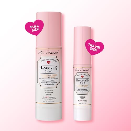 Too Faced Hangover 3-in-1 Primer & Setting Spray | Soothing & Hydrating Setting Spray for Face Makeup | Coconut Water | Travel Size, 1 Fl Oz, Clear