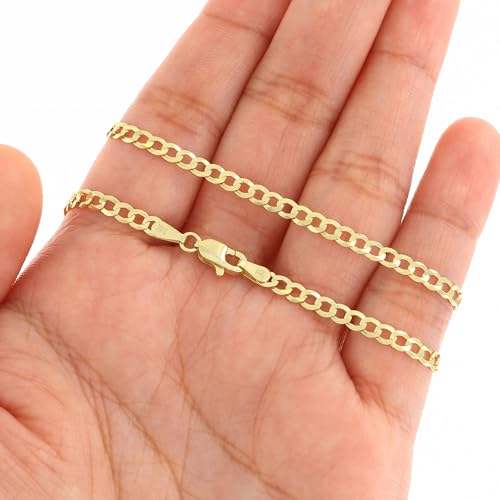 Nuragold 14k Real Yellow Gold Cuban Curb Solid Link Chain Necklace - 3mm - 22"