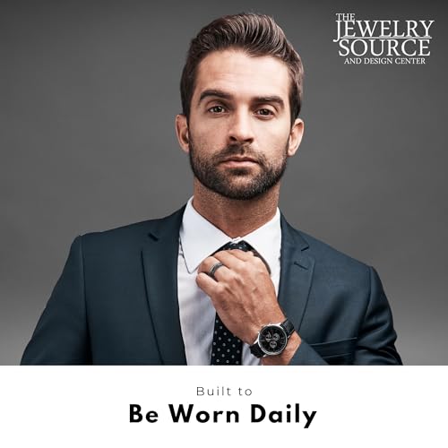 6mm Damascus Steel Men’s Wedding Band with 14K White Gold Inlay – Comfort Fit Ring – Textured Black Grain – Unique Handmade Look (15)