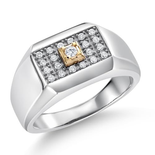 Gem Stone King Men's 925 Sterling Silver and 10K Yellow Gold White Lab Grown Diamond Ring for Men | 0.25 Cttw (Size 9)
