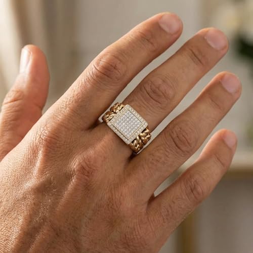 P3 POMPEII3 Pompeii 1/3Ct TW Diamond Men's Chain Cuban Link Ring 10k Yellow Gold 9mm Wide - Size 11