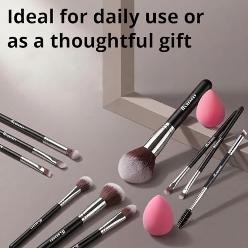 BEAKEY Makeup Brushes set with 2 Blending Sponges,10 Brush Face and Eye Set