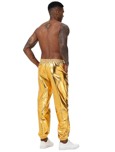 NewL Mens Gold Metallic Shiny Rave Night Club Pants Comfort Sweatpants Disco Dance Party Elastic Trousers (US, Alpha, Small, Regular, Regular, Gold)