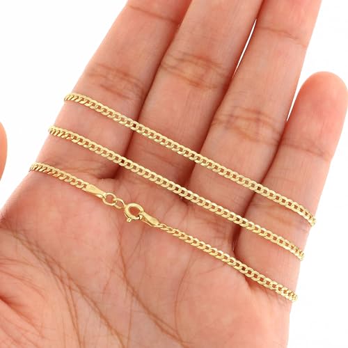 Nuragold 14k Real Yellow Gold Cuban Curb Solid Link Chain Necklace - 2mm - 20"