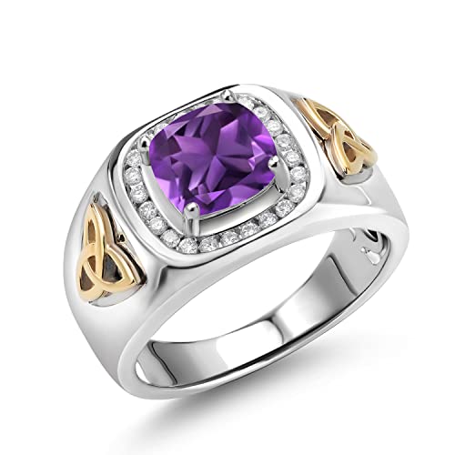 Gem Stone King Two-Tone Cushion Cut Ring for Men | Amethyst | 7