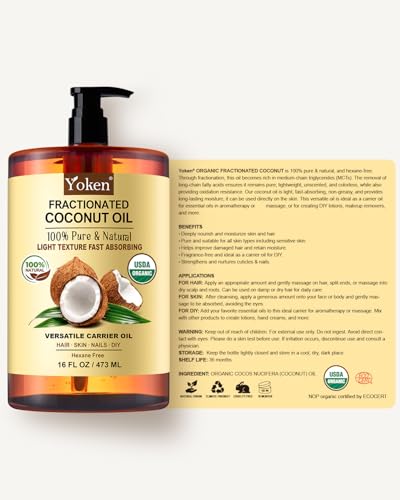 Yoken Fractionated Coconut Oil 16oz, USDA Organic Carrier Oil for Skin