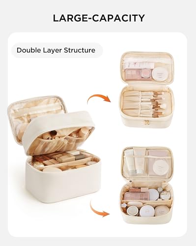 HBlife Double Layer Travel Makeup Bag Portable Cute Leather Cosmetic Bag Large Make Up Bag Makeup Case Organizer Toiletry Bag for Women Girls with Handle and Removable Divider(Beige)