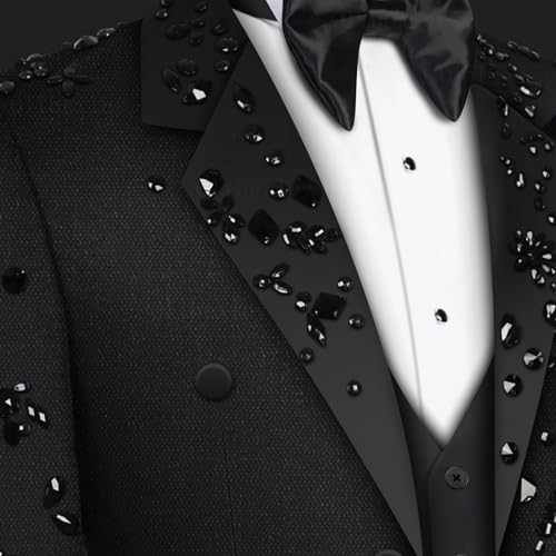 Luxury Men's 2 Piece Suit Slim Fit Solid 2 Button Beads Crystal Party Wedding Tuxedo Suits Blazer Jacket Pants Set Black