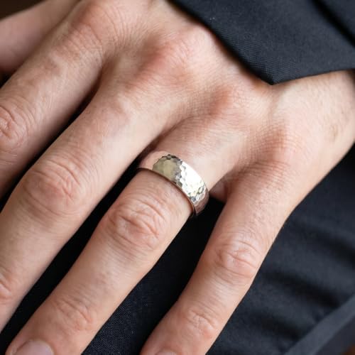 P3 POMPEII3 Pompeii Mens 7mm 14K White Gold Polished Hammered Wedding Ring Band - Size 9.5