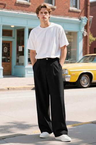 Heyfanee Mens Casual Pants Relaxed Fit Stretch Waist Dress Slacks for Men Baggy Trousers Black 32