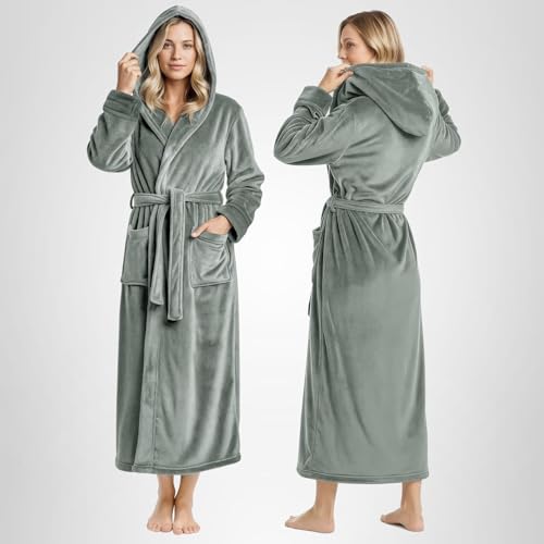 NY Threads Premium Plush Fleece Robes for Women with Hood Fluffy Soft Long Bathrobe, Medium, Steel Grey