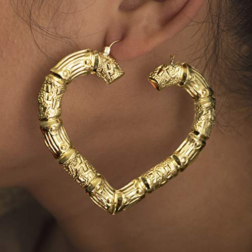 LoveBling 10k Yellow Gold Heart Shaped Bamboo Hoop Earrings (2.90" x 2.40")
