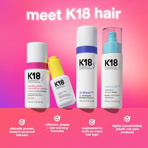 K18 HeatBounce Conditioning Heat Protectant Spray, Lightweight Leave-In Conditioner + 450℉ (232°C) Heat Protection, Soften, Smooth + Detangle All Hair Types, 4 Fl Oz Liq