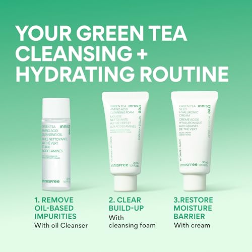 innisfree Green Tea Double Cleanse + Hydrate Trio | Korean Skincare Set with Hydrating Cleansing Oil, Face Wash, and Moisturizer | Gentle Lather | Sulfate-Free | Available in Gift Sets
