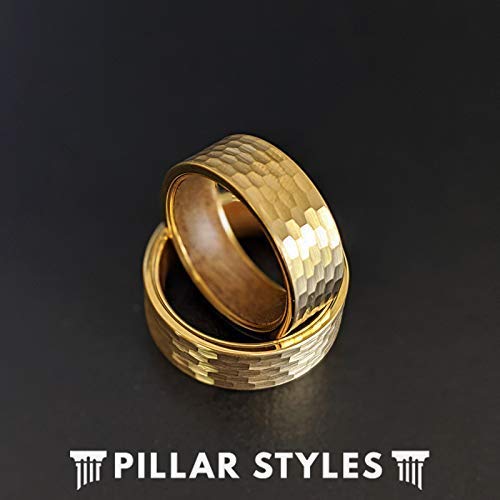 14K Gold Ring Wood and Tungsten Rings for Men Hammered Wood Wedding Band Comfort Fit Unique Viking Wooden Rings